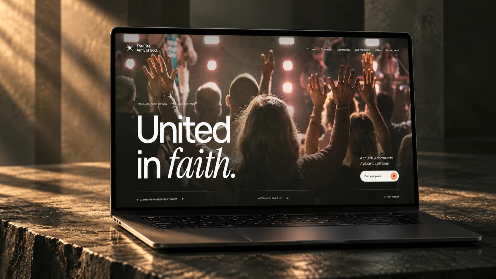 The Elite Army of God homepage on a laptop, with expressive typography and a warm, olive-toned palette.